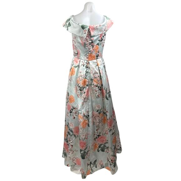 Eliza J Green Floral Silk Satin Off The Shoulder Evening A Line Maxi Dress Sz M - Picture 3 of 6